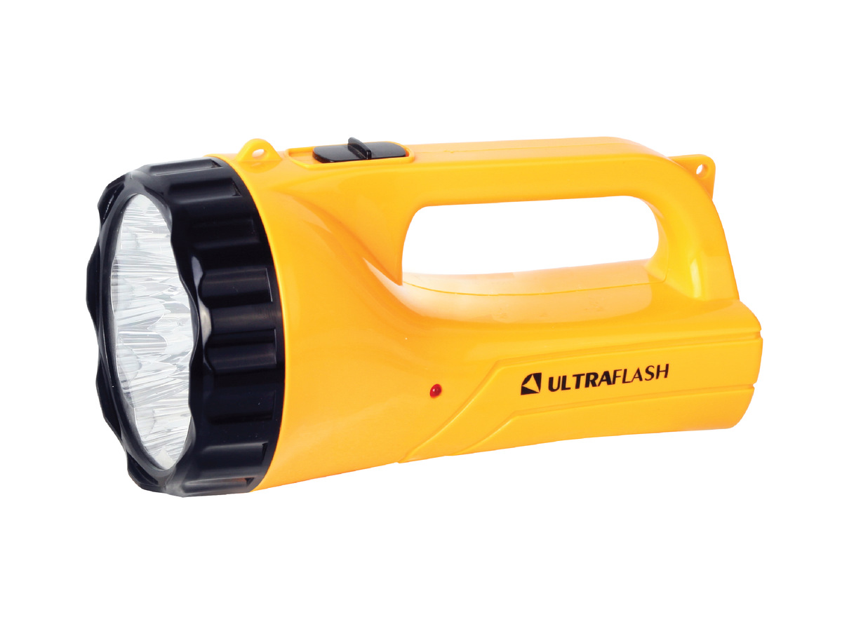 Фонарь-прожектор Ultraflash LED3816SM (12859) 30 лм 2 режима, 5 часов работы, индикатор заряда, выдвижная сетевая вилка, цвет желтый