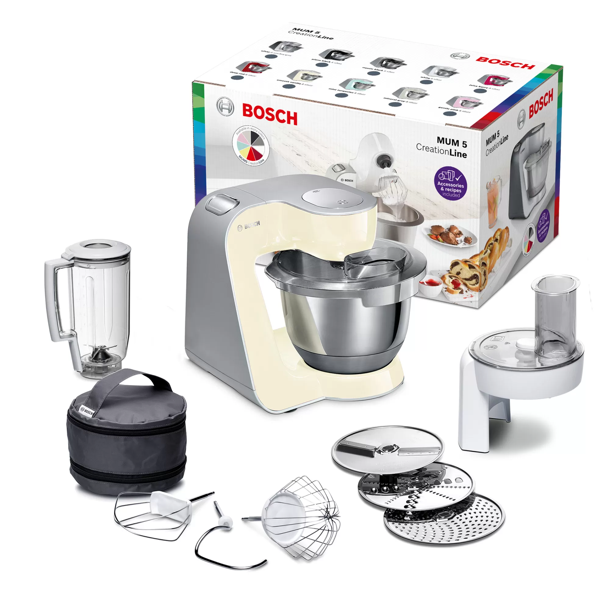 

Комбайн Bosch MUM58920, 1 кВт, миксер, блендер, терка, бежевый/серебряный (MUM58920), MUM58920