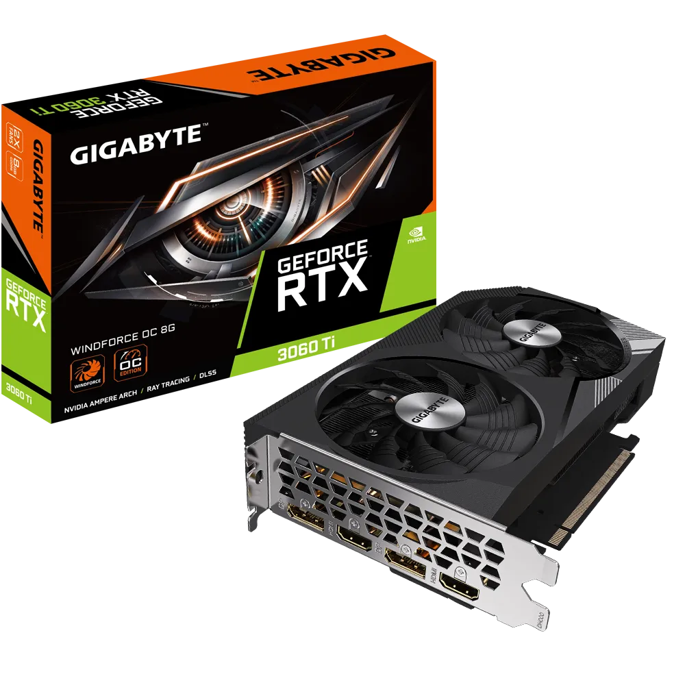 

Видеокарта GIGABYTE NVIDIA GeForce RTX 3060Ti WINDFORCE OC, 8Gb DDR6, 256 бит, PCI-E, 2HDMI, 2DP, Retail (GV-N306TWF2OC-8GD), WINDFORCE OC