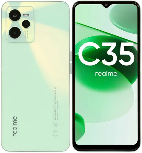 

Смартфон Realme C35, 6.6" 1080x2408 IPS, Unisoc T616, 4Gb RAM, 128Gb, 3G/4G, NFC, Wi-Fi, BT, 3xCam, 2-Sim, 5000 мА⋅ч, USB Type-C, Android 11, зеленый, C35