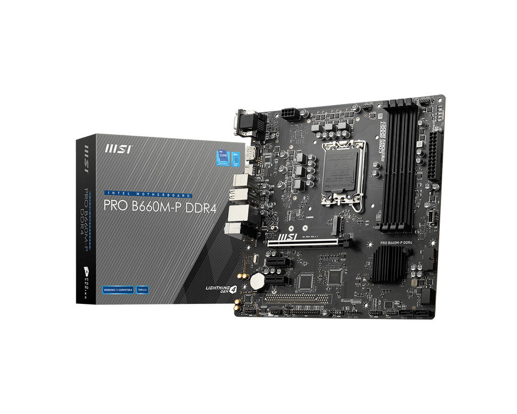 

Материнская плата MSI PRO B660M-P DDR4, Socket1700, Intel B660, 4xDDR4, PCI-Ex16, 4SATA3, 7.1-ch, GLAN, 3 USB 3.2, 2 USB Type-C, VGA, HDMI, DP, mATX, Retail, PRO B660M-P DDR4