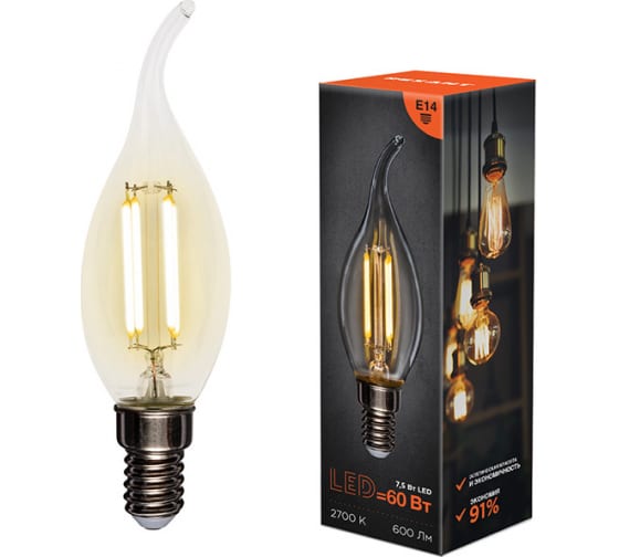 

Лампа светодиодная E14 свеча на ветру/CN37, 7.5Вт, 2700K-2700K / тёплый белый, 600лм, филаментная, REXANT 604-101 (604-101), 604-101