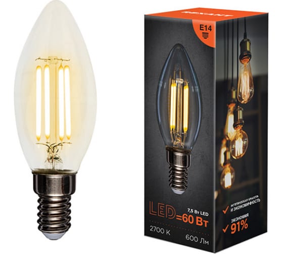 

Лампа светодиодная E14 свеча/CN, 7.5Вт, 2700K-2700K / тёплый белый, 600лм, филаментная, REXANT 604-083 (604-083), 604-083