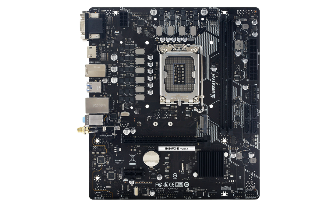 

Материнская плата Biostar B660MX-E, Socket1700, Intel B660, 2xDDR4, PCI-Ex16, 4SATA3, 7.1-ch, GLAN, 4 USB 3.2, VGA, DVI, HDMI, mATX, Retail, B660MX-E