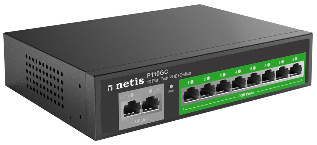 

Коммутатор Netis P110GC, кол-во портов: 8x10/100/1000 Мбит/с, кол-во SFP/uplink: RJ-45 2x1 Гбит/с, PoE: 8x30Вт (макс. 100Вт) (P110GC), P110GC