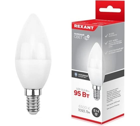 

Лампа светодиодная E14 свеча/CN, 11.5Вт, 6500K-6500K / холодно-белый, 1093лм, REXANT 604-205 (604-205), 604-205