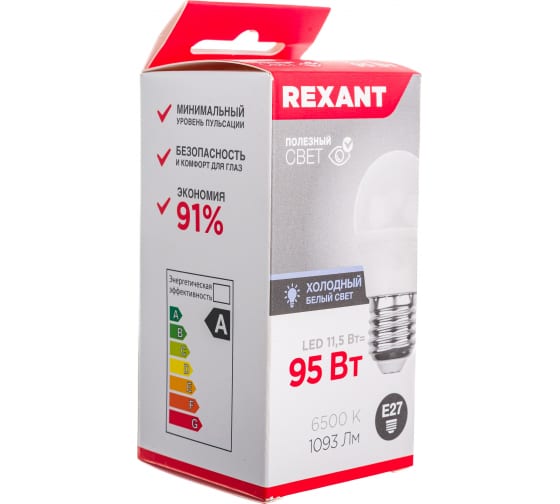 

Лампа светодиодная E27 шар/GL, 11.5Вт, 6500K-6500K / холодно-белый, 1093лм, REXANT 604-210 (604-210), 604-210