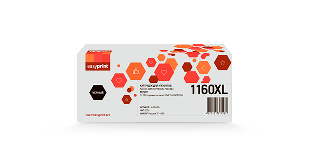

Картридж лазерный EasyPrint LK-1160XL (TK-1160XL), черный, 12000 страниц, совместимый для Kyocera Ecosys P2040dn/P2040dw