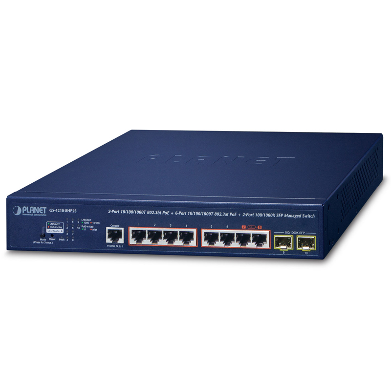 

Коммутатор Planet GS-4210-8HP2S, управляемый, кол-во портов: 8x1 Гбит/с, кол-во SFP/uplink: SFP 2x1 Гбит/с, установка в стойку, PoE: 8x30Вт (макс. 240Вт) (GS-4210-8HP2S), GS-4210-8HP2S