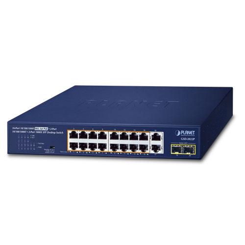 

Коммутатор Planet GSD-2022P, кол-во портов: 18x1 Гбит/с, кол-во SFP/uplink: SFP 2x1 Гбит/с, установка в стойку, PoE: 16x30Вт (макс. 185Вт) (GSD-2022P), GSD-2022P