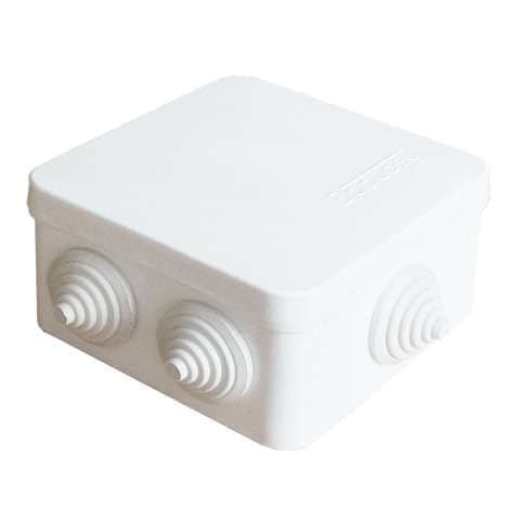 Коробка распределительная квадратная 8.4 см x 8.4 см, глубина 4.5 см, наружный монтаж, IP54, вводов:7, наличие сальников, белый, с крышкой, Epplast (120071)