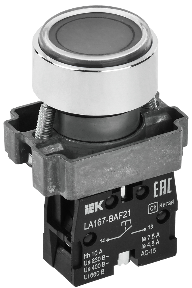 Кнопка плоская без фиксации 22 мм, 1NO, черный, IEK LA167-BAF21 (BBT20-BAF21-1-22-67-K02)
