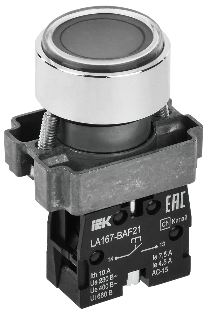 

Кнопка плоская без фиксации 22 мм, 1NO, черный, IEK LA167-BAF21 (BBT20-BAF21-1-22-67-K02), LA167-BAF21