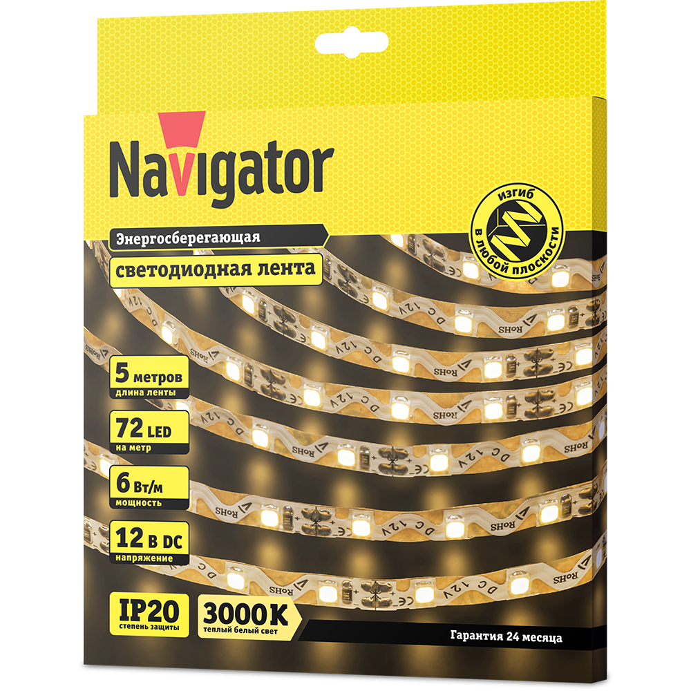 

Лента светодиодная NLS-2835WWST72-6-IP20-12V, 5м, 72шт./6Вт на метр, 12V, 3000K, белый, IP20 Navigator (14471), NLS-2835WWST72-6-IP20-12V