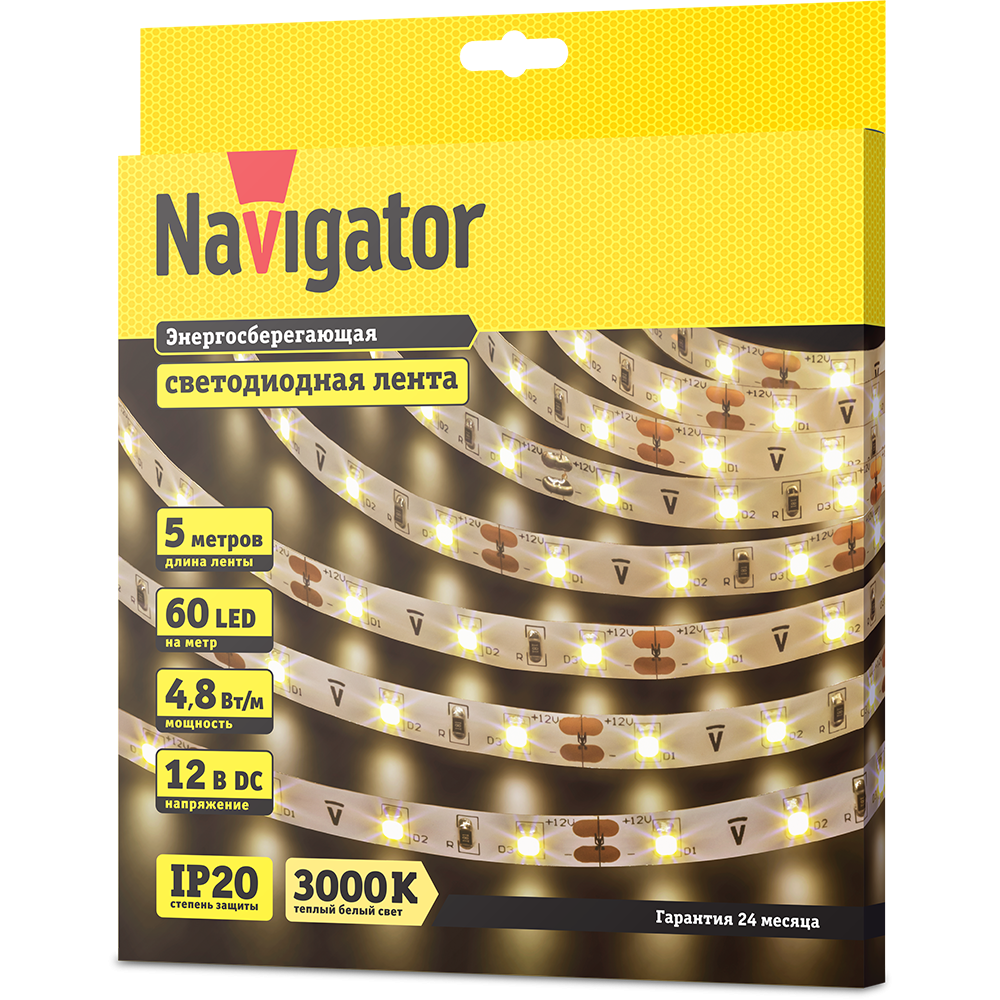 

Лента светодиодная NLS-3528WW60-4.8, 5м, 60шт./4.8Вт на метр, 12V, 3000K, белый, IP20 Navigator (71402), NLS-3528WW60-4.8