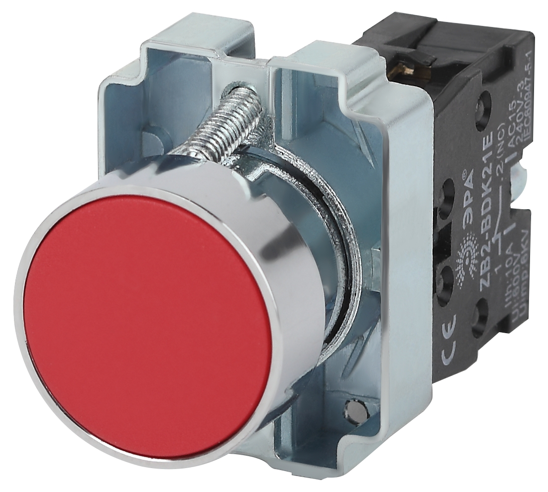 Кнопка плоская без фиксации 22 мм, 1NO, красный, ЭРА BBT61-BA-K04E (Б0045667)