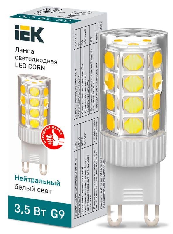 Лампа светодиодная G9, corn, 220В, 3.5Вт, 333лм, 4000K/нейтральный, 70-79Ra, Iek LLE-CORN-4-230-40-G9 (2976513)