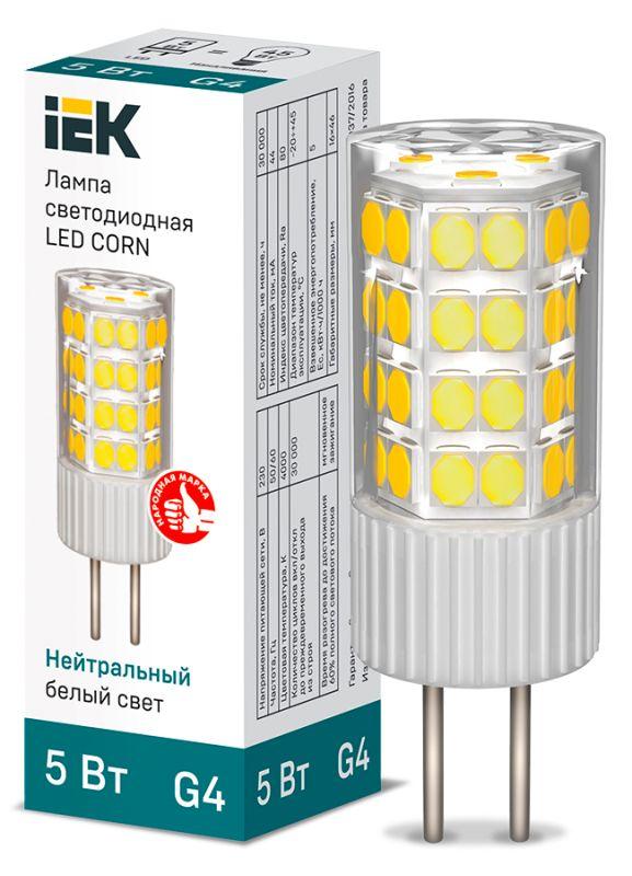 Лампа светодиодная G4, corn, 220В, 5Вт, 475лм, 4000K/нейтральный, 70-79Ra, Iek LLE-CORN-5-230-40-G4 (823631)