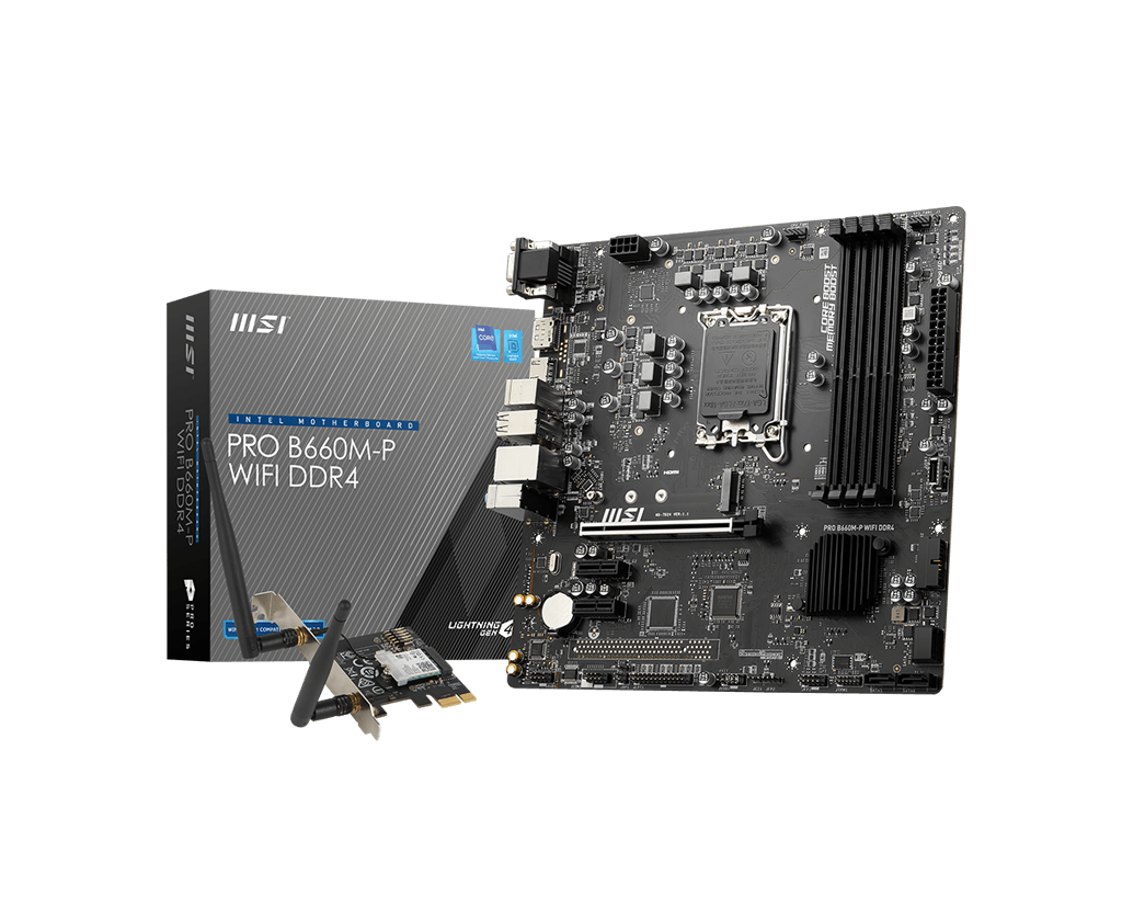

Материнская плата MSI PRO B660M-P WIFI DDR4, Socket1700, Intel B660, 4xDDR4, PCI-Ex16, 4SATA3, 7.1-ch, GLAN, 3 USB 3.2, 2 USB Type-C, VGA, HDMI, DP, mATX, Retail, PRO B660M-P WIFI DDR4