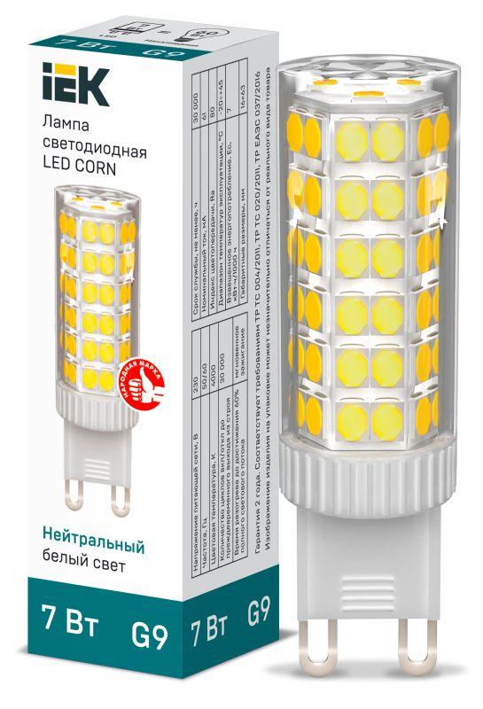 Лампа светодиодная G9, corn, 220В, 7Вт, 665лм, 4000K/нейтральный, 90 Ra, Iek LLE-CORN-7-230-40-G9 (LLE-CORN-7-230-40-G9)