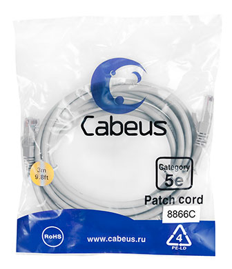 

Патч-корд UTP кат.5e, 3м, RJ45-RJ45, серый, CU, LSZH, Cabeus PC-UTP-RJ45-Cat.5e-3m-LSZH (8866c), PC-UTP-RJ45-Cat.5e-3m-LSZH