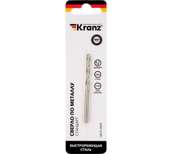 

Сверло ⌀4.2 мм x 7.5 см/4.3 см, HSS, по металлу, Kranz, 1 шт. (KR-91-0559)