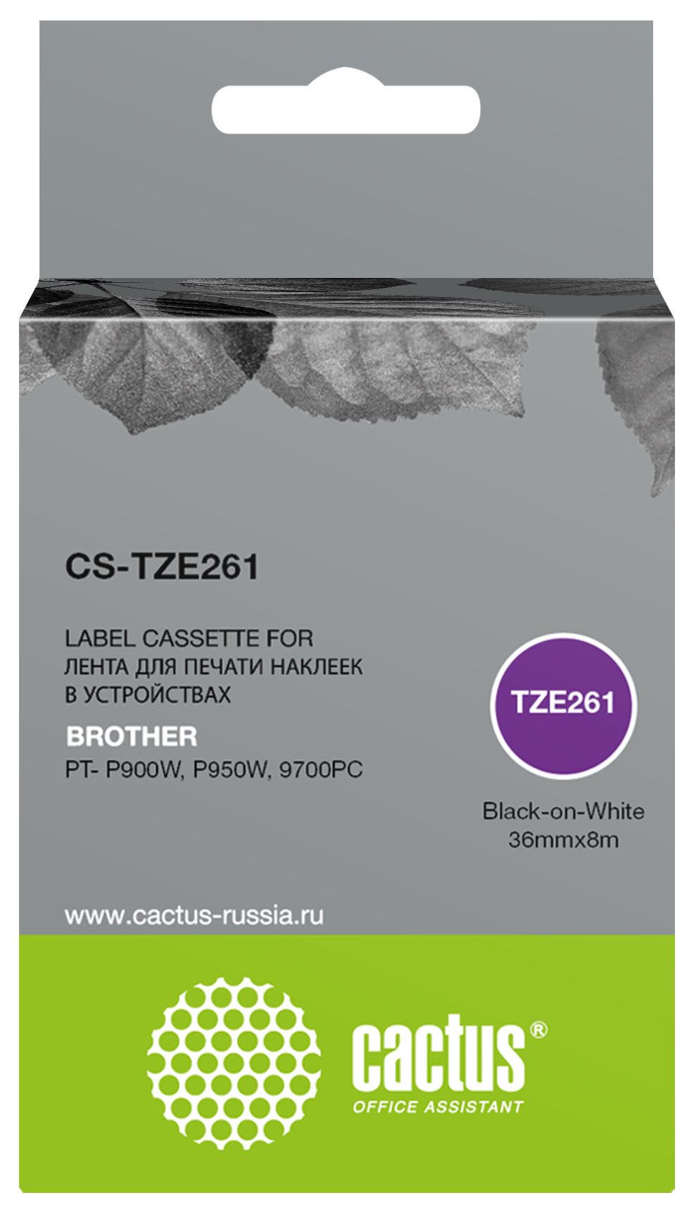Кассета с наклейками Cactus TZE-261, 3.6 см x 8 м, черный на белом, совместимая (CS-TZE261)