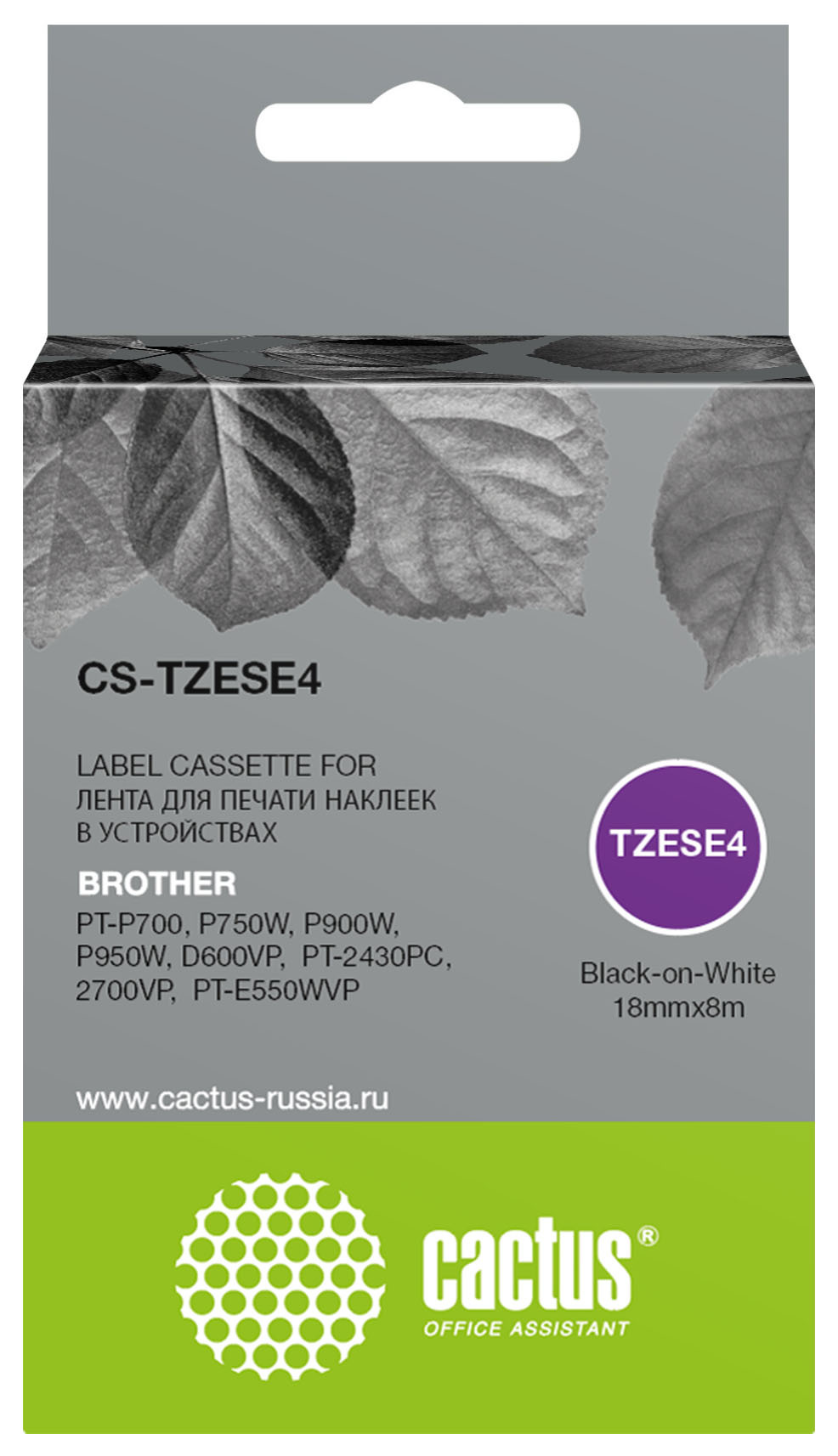 

Кассета с лентой Cactus TZE-SE4, 1.8 см x 8 м, черный на белом, совместимая (CS-TZESE4), TZE-SE4