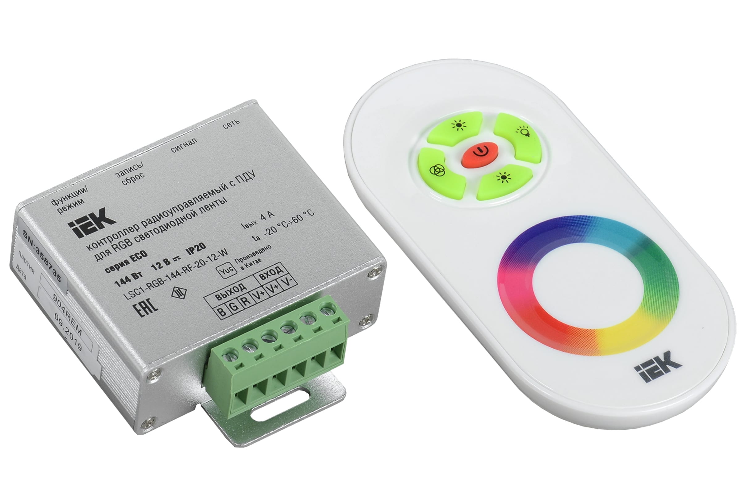 Контроллер IEK 144 Вт для светодиодной ленты, с ПДУ радио RGB 3 канала, белый (LSC1-RGB-144-RF-20-12-W)