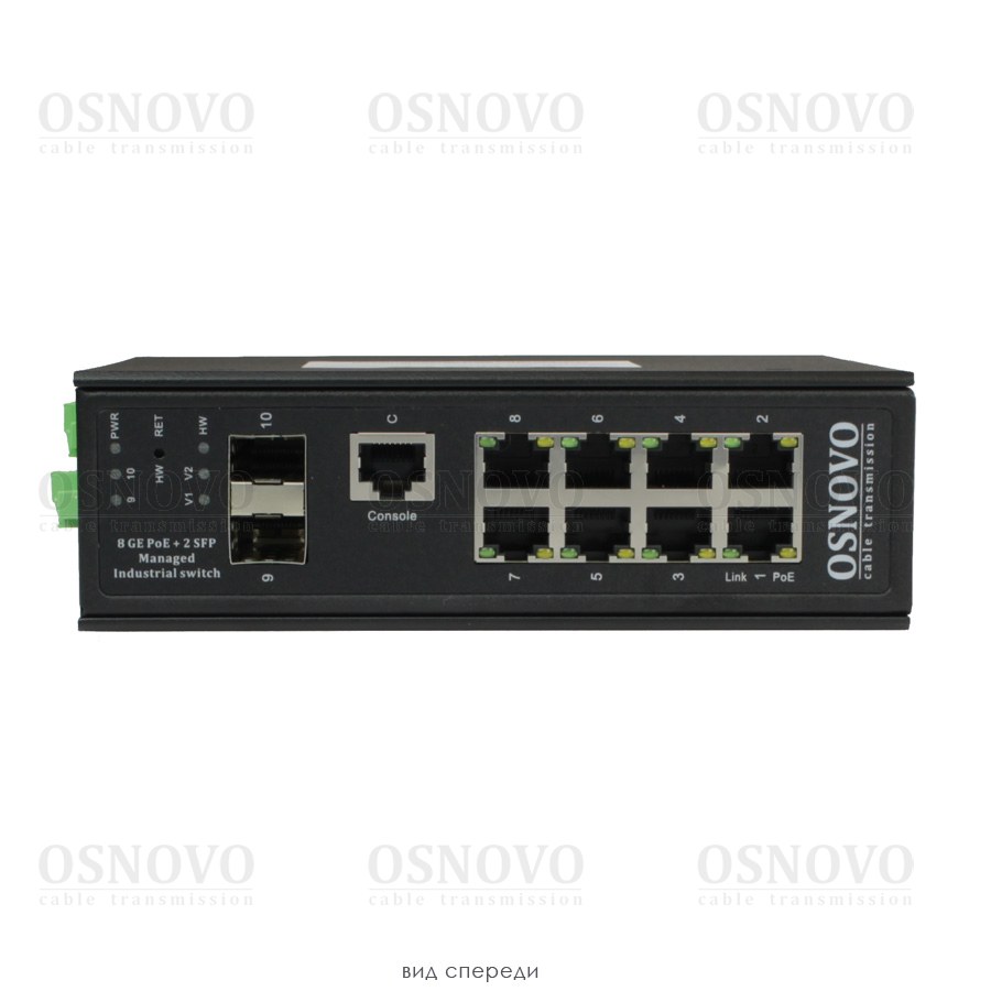 Коммутатор OSNOVO SW-80802/ILS(PORT 90W,300W), управляемый, кол-во портов: 8x1 Гбит/с, SFP 2x1 Гбит/с, на DIN-рейку, PoE:8x90Вт (макс. 300Вт) (13744)