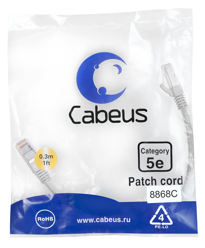 

Патч-корд FTP кат.5e, 0.3м, RJ45-RJ45, серый, LSZH, Cabeus PC-FTP-RJ45-Cat.5e-0.3m-LSZH (8868c), PC-FTP-RJ45-Cat.5e-0.3m-LSZH