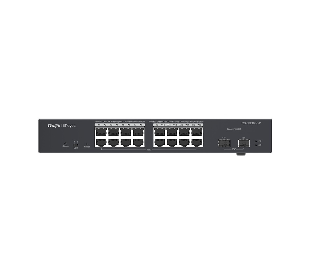 

Коммутатор Reyee (Ruijie) RG-ES218GC-P, управляемый, кол-во портов: 16x1 Гбит/с, кол-во SFP/uplink: SFP 2x1 Гбит/с, PoE (макс. 240Вт) (RG-ES218GC-P), RG-ES218GC-P