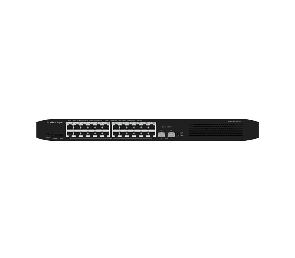 

Коммутатор Reyee (Ruijie) RG-ES226GC-P, управляемый, кол-во портов: 24x1 Гбит/с, кол-во SFP/uplink: SFP 2x1 Гбит/с, PoE: 24x30Вт (макс. 370Вт) (RG-ES226GC-P), RG-ES226GC-P