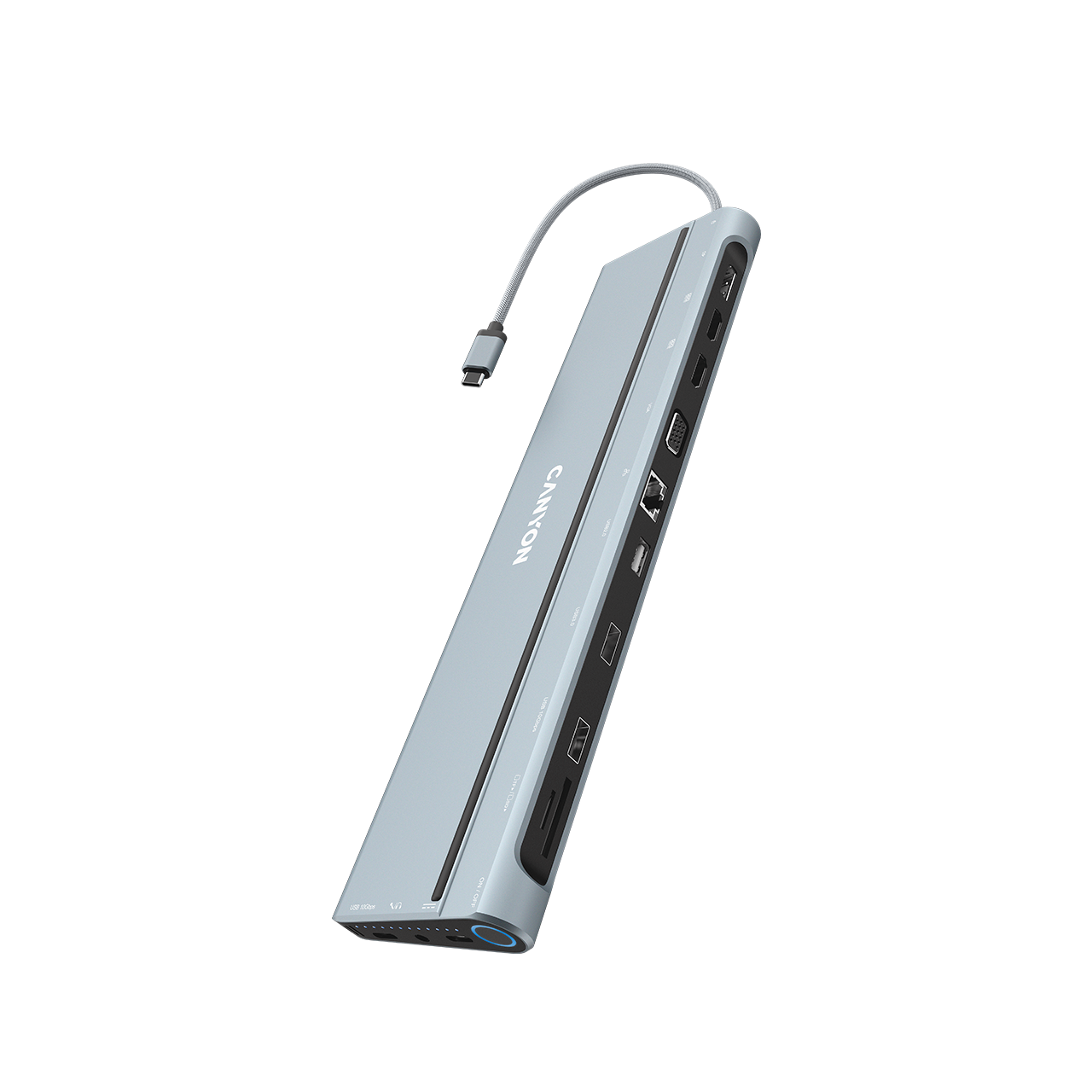 

Док-станция Canyon DS90, Type-C (f) x2,USB 3.0x2,DPx2,VGA,SD,TF,3.5 jack,HDMIx2,RJ45, серебристый (CNS-HDS90), DS90