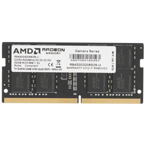 

Память DDR4 SODIMM 32Gb, 3200MHz, CL16, 1.2 В, AMD, Radeon R9 Gamer Series (R9432G3206S2S-U), R9432G3206S2S-U