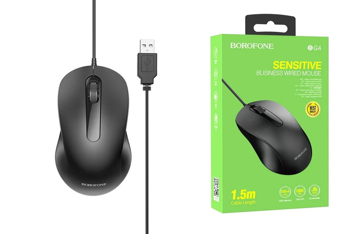 Мышь проводная BOROFONE BG4, 1000dpi, оптическая светодиодная, USB, черный (6974443382976)