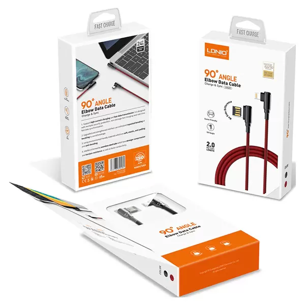 

Кабель Lightning 8-pin(m)-USB 2.0(Am), угловой, 2м, красный LDNIO LS422 (LD_B4630), LS422