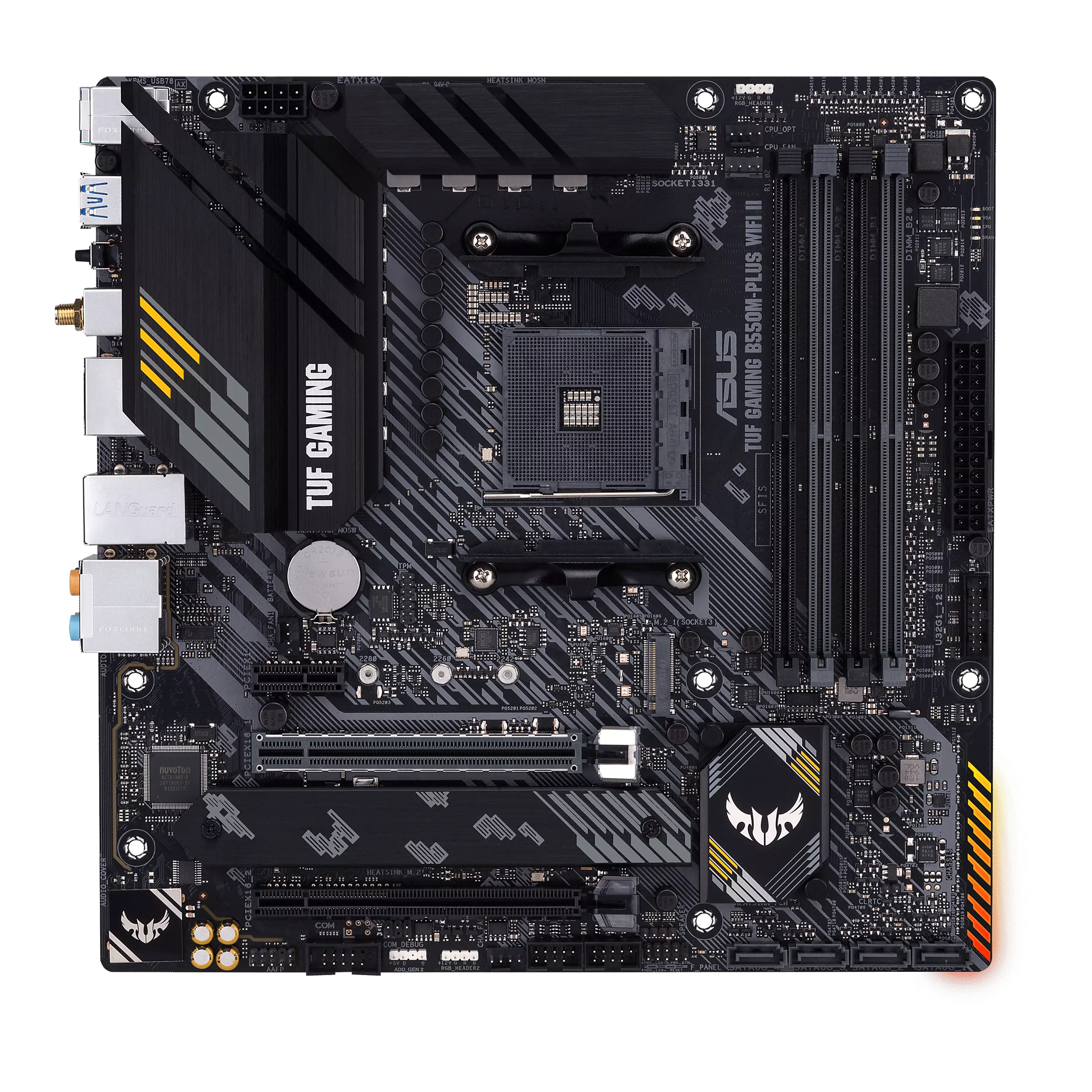 

Материнская плата ASUS TUF GAMING B550M-PLUS WIFI II, SocketAM4, AMD B550, 4xDDR4, 2PCI-Ex16, 4SATA3, 7.1-ch, 7 USB 3.2, 1 USB Type-C, HDMI, DP, mATX, Retail, TUF GAMING B550M-PLUS WIFI II
