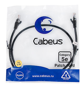 Патч-корд UTP кат.5e, 1м, RJ45-RJ45, черный, CU, Cabeus PC-UTP-RJ45-Cat.5e-1m-BK (7676c)