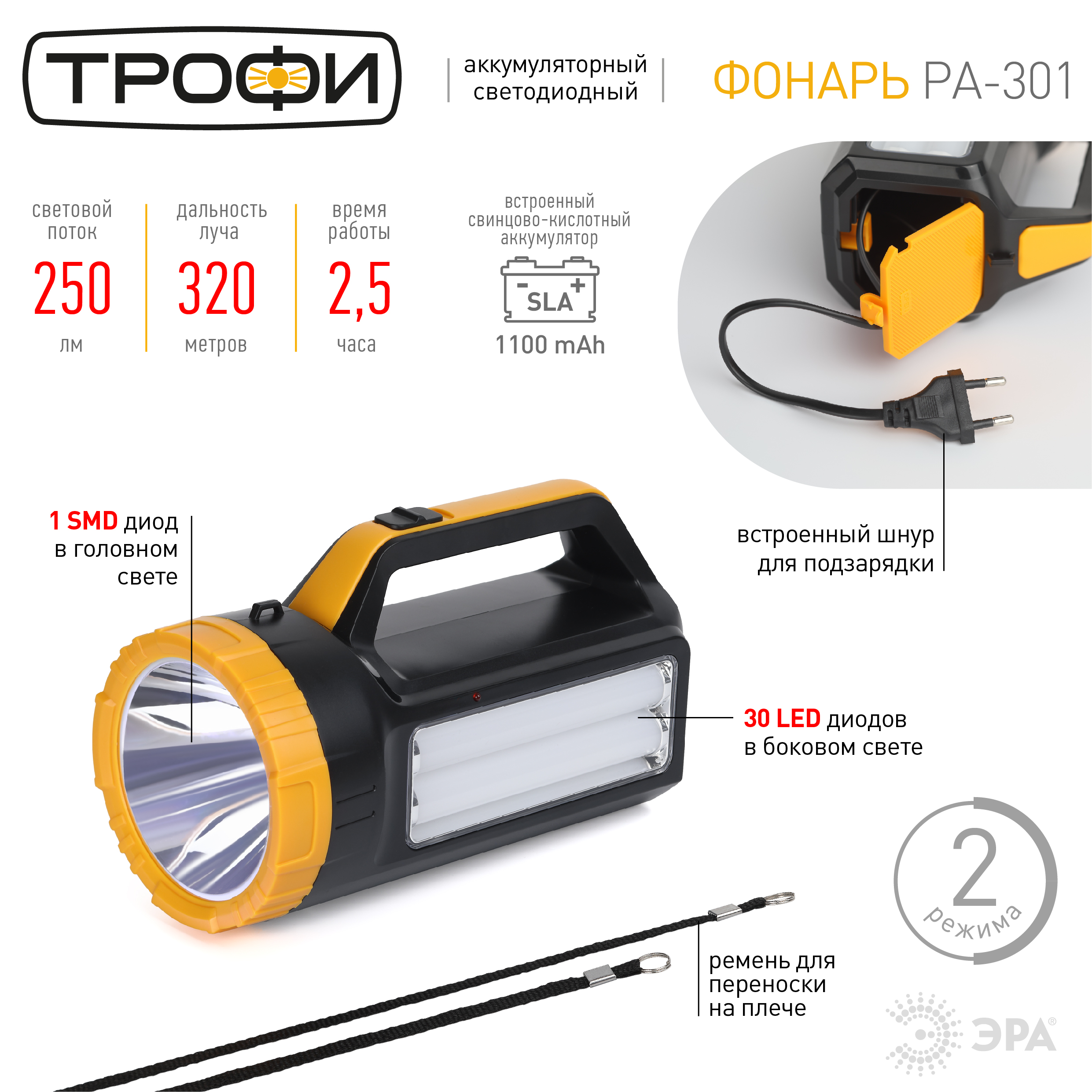 

кемпинговый фонарь-прожектор ТРОФИ Б0052746 250 лм 7Вт 2 режима (фронтальный/боковой свет) (Б0052746), Черный, Б0052746