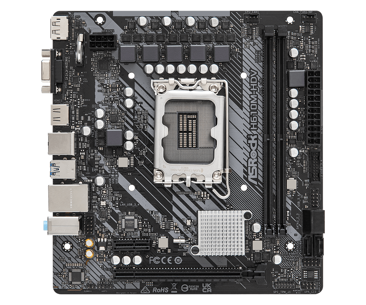 Материнская плата ASRock H610M-HDV, Socket1700, Intel H610, 2xDDR4, PCI-Ex16, 4SATA3, 7.1-ch, GLAN, 4 USB 3.2, VGA, HDMI, DP, mATX, 2 кабеля SATA, заглушка тыловых портов корпуса - фото 1