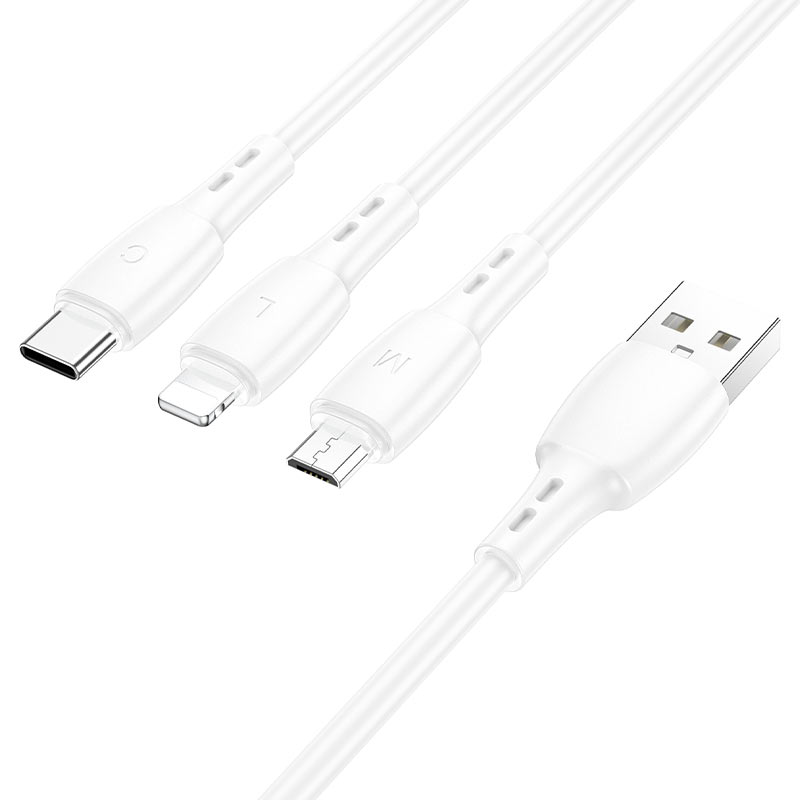 

Кабель USB 2.0(Am)-Lightning 8-pin(m)+Micro USB 2.0(Am)+USB 2.0 Type-C(m), 2A, 1м, белый Borofone BX71 (6974443384550), BX71