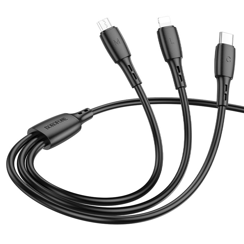 

Кабель USB 2.0(Am)-Lightning 8-pin(m)+Micro USB 2.0(Am)+USB 2.0 Type-C(m), 2A, 1м, черный Borofone BX71 (6974443384543), BX71