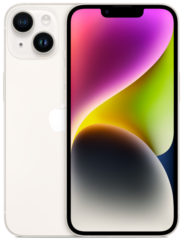 

Смартфон Apple IPhone 14, 6.1" 1170x2532 OLED, Apple A15 Bionic, 256Gb, 3G/4G/5G, NFC, Wi-Fi, BT, 2xCam, 2-eSIM, Lightning, iOS 16, белый (MPW23LL/A), (product)red;синий;сияющая звезда;тёмная ночь;фиолетовый, IPhone 14