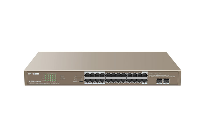 Коммутатор IP-COM G1126P-24-410W, кол-во портов: 24x1 Гбит/с, QSFP+ 2x1 Гбит/с, установка в стойку, PoE: 24x30Вт (макс. 370Вт) (G1126P-24-410W IP-COM) - фото 1