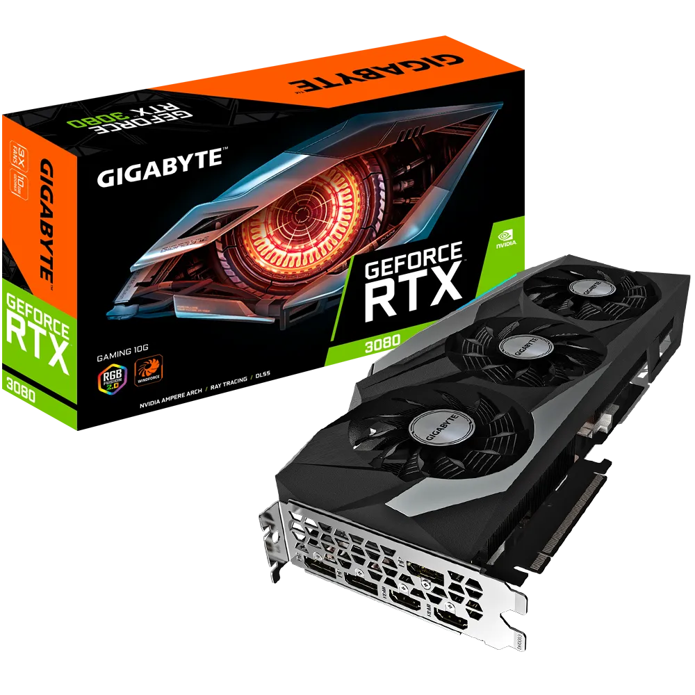 

Видеокарта GIGABYTE NVIDIA GeForce RTX 3080 GAMING 10G , 10Gb DDR6X, 320bit, PCI-E, 2HDMI, 3DP, Retail (GV-N3080GAMING-10GD), GAMING 10G