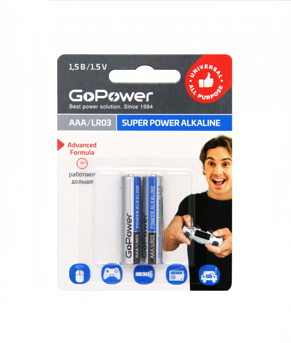 Батарейка GoPower, AAA (LR03/24А), 1.5V, 2 шт