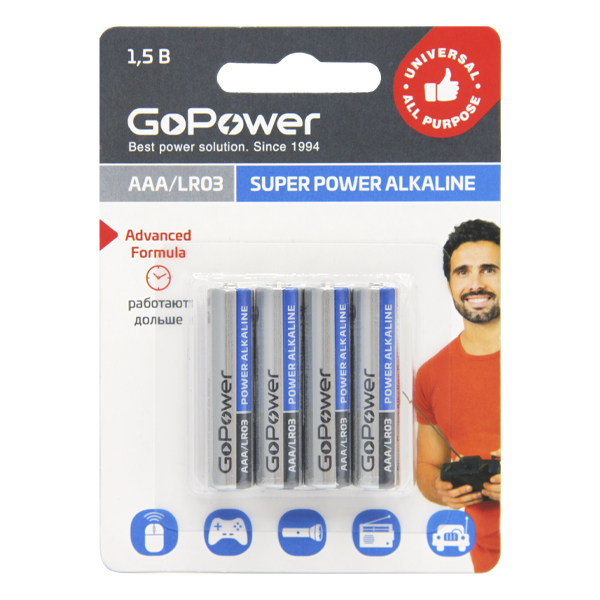

Батарейка GoPower AAA (LR03/24А), 1.5V, 4 шт. (00-00015602)
