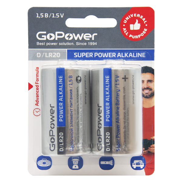 

Батарейка GoPower D (LR20/13А), 1.5V, 2 шт. (00-00017862)