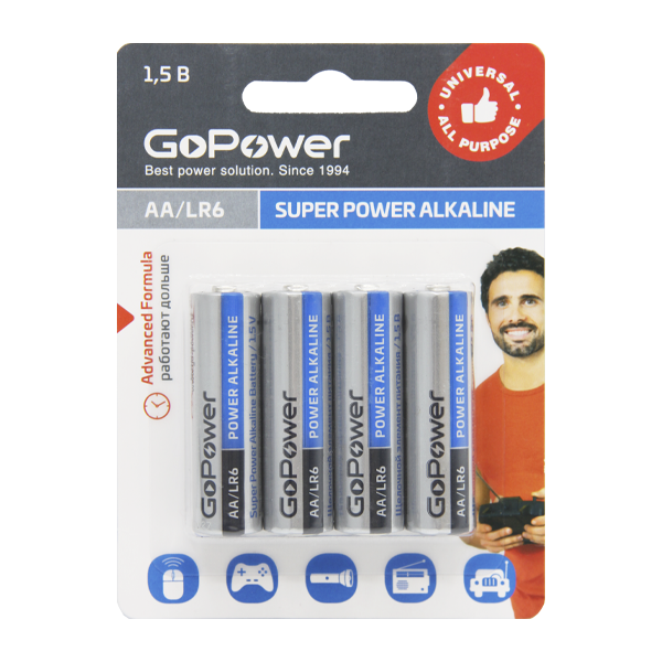 Батарейка GoPower, AA (LR06/15А), 1.5V, 4 шт